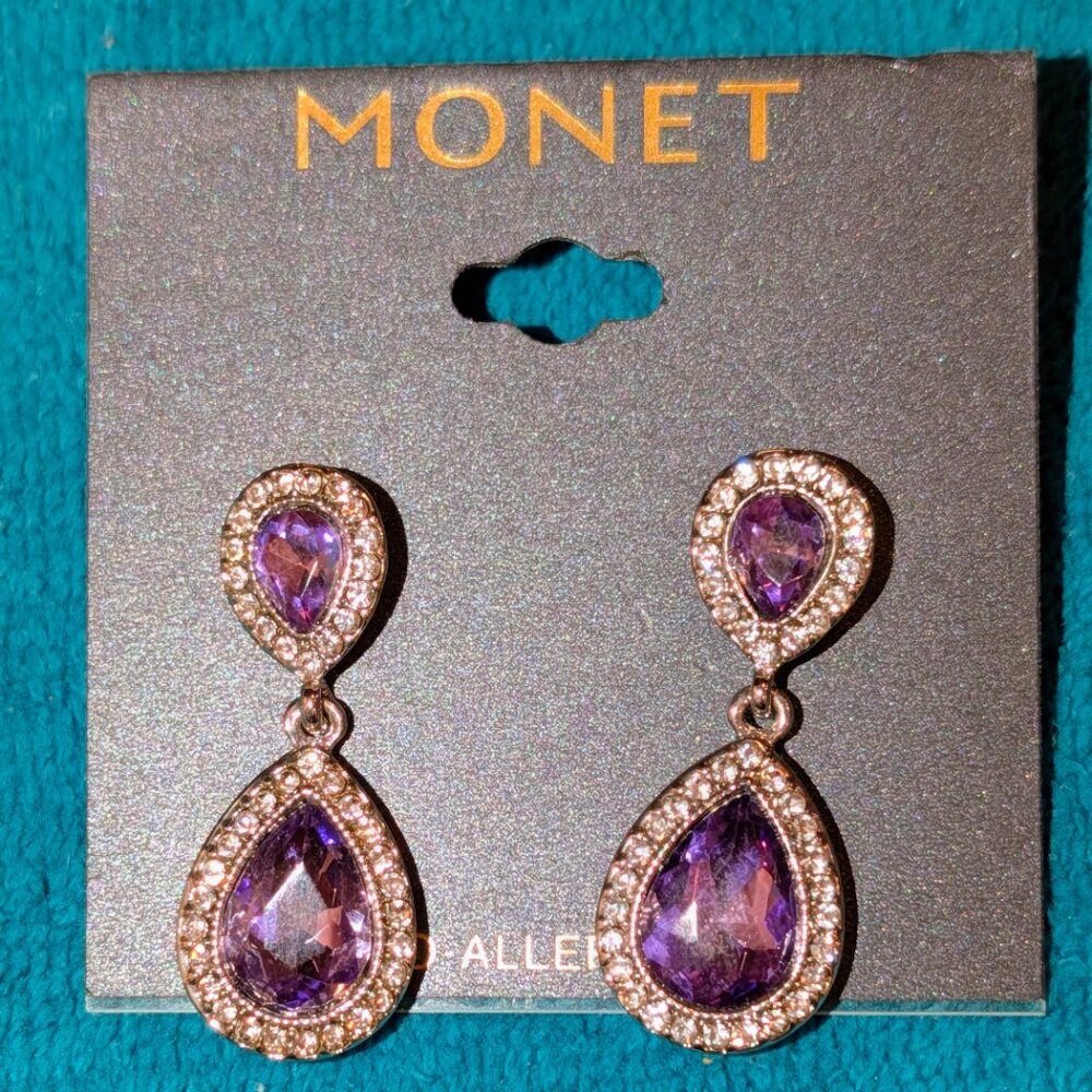 Vintage 80s Monet Purple Teardrop Earrings - Picture 3 of 4